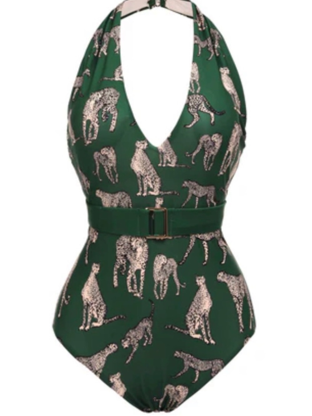 Green Halter One-Piece Swimsuit with Metallic Cheetah Print